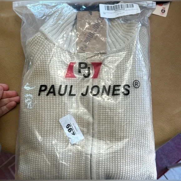 PJ Paul Jones men’s pFull Zip Sweater cream Waffle textured, casual stand collar - Picture 3 of 3